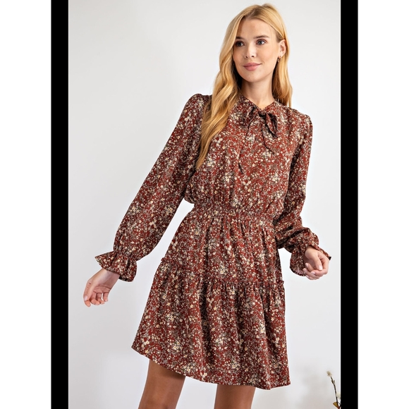 Gorgeous Boho Feminine Rust Floral Long Sleeves Flowy Dress - Picture 8 of 10